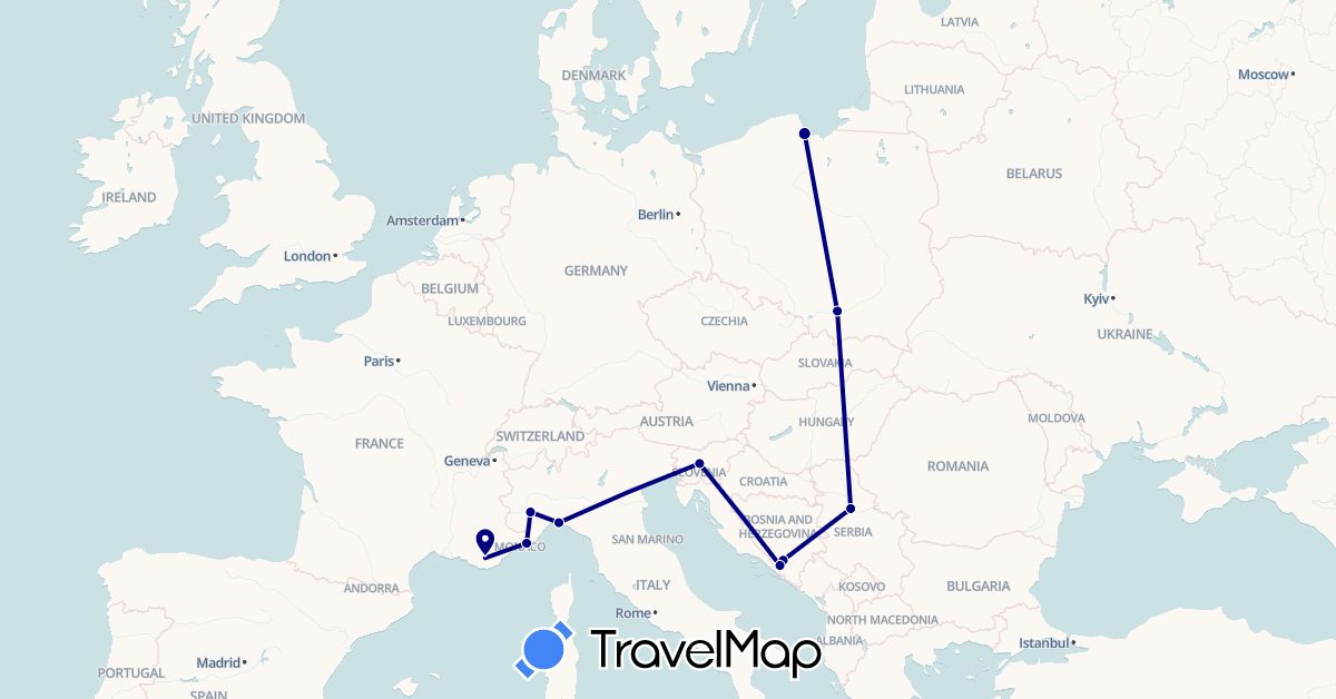 TravelMap itinerary: driving in Bosnia and Herzegovina, France, Italy, Poland, Serbia, Slovenia (Europe)